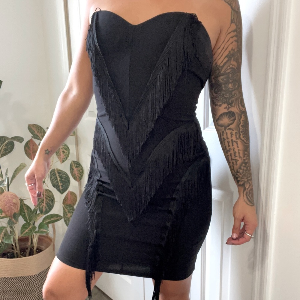 Good time USA tight fitting black fringe mini dress size small
